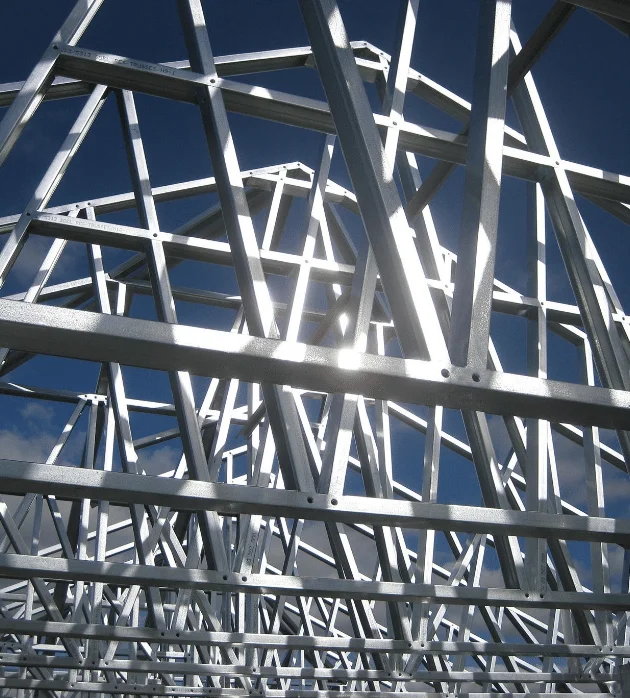 Close-up of galvanized steel roof trusses for Arkansas barndo